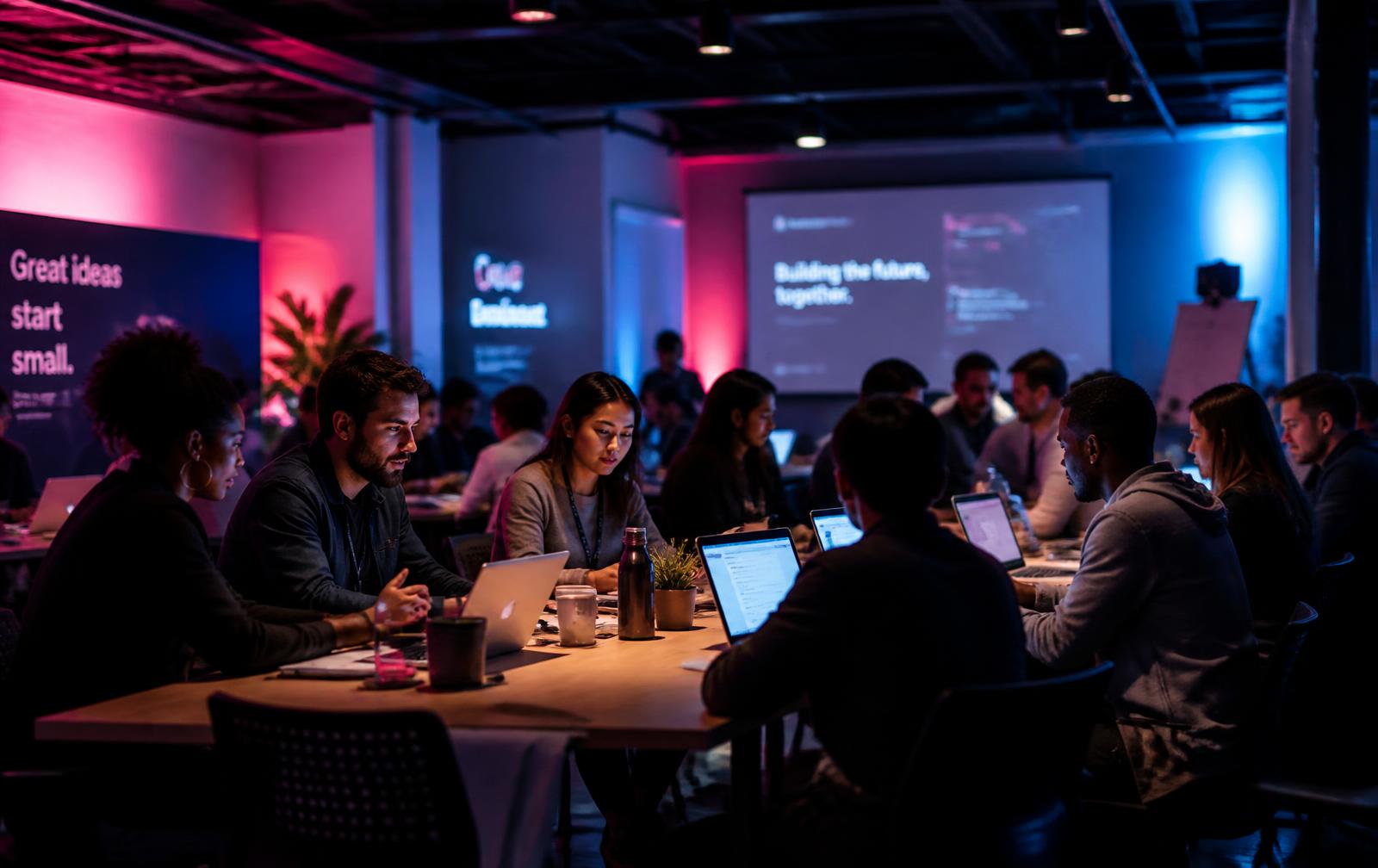 Entrepreneurs building AI workflows on laptops together in a live workshop room